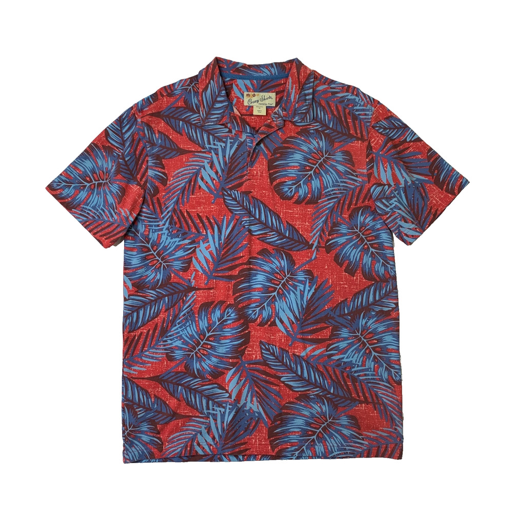 Crazy Shirts Polo Shirt Men M Medium Red Blue Cotton Leaves Floral Hawaiian Golf